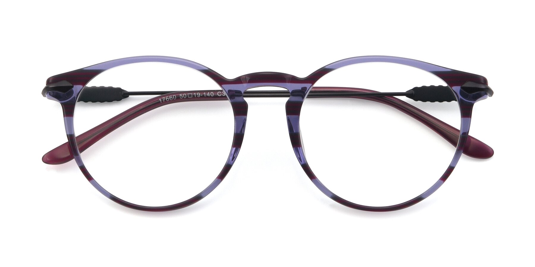 Folded Front of 17660 in Stripe Purple with Clear Reading Eyeglass Lenses