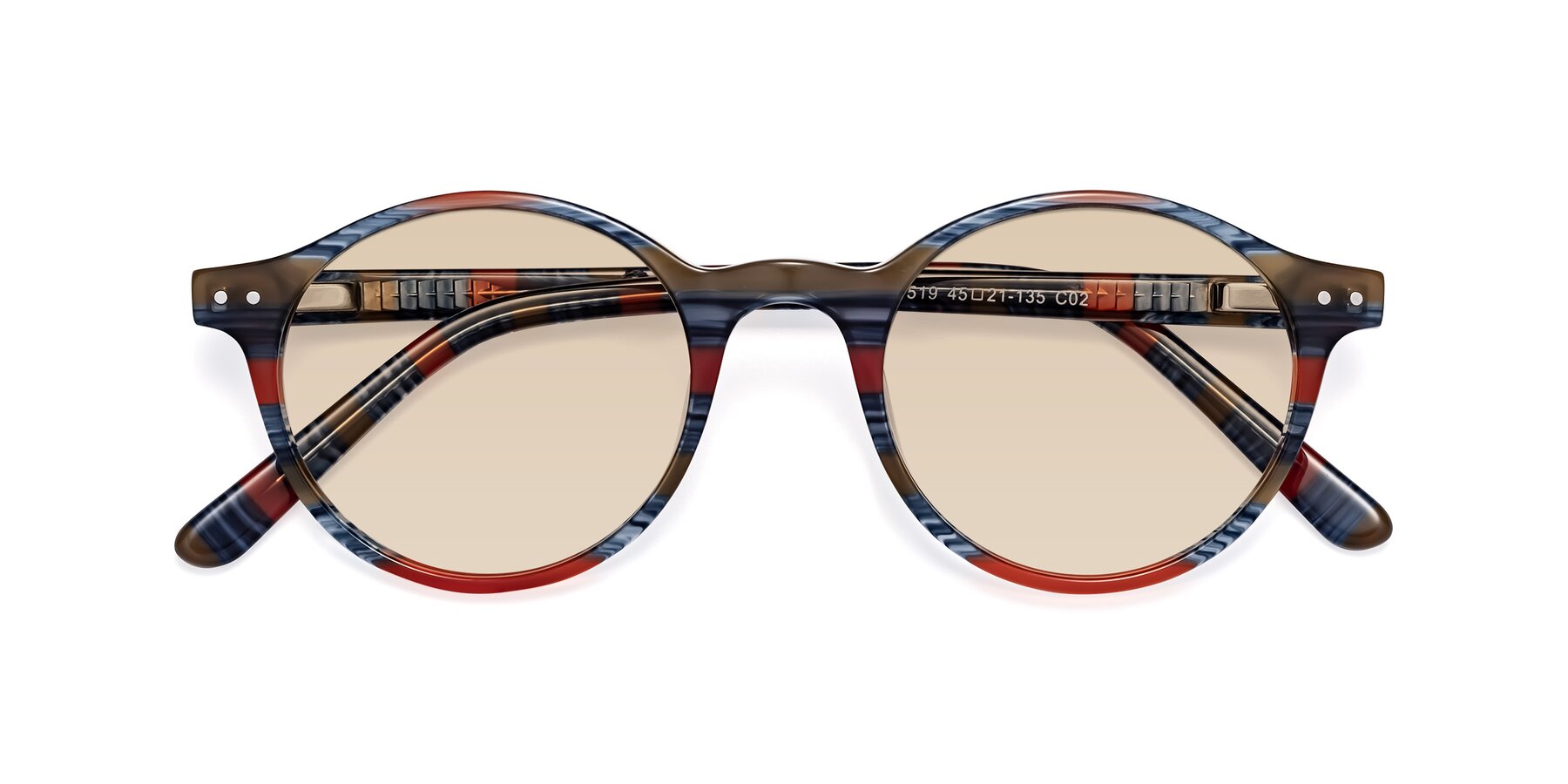 Folded Front of Jardi in Stripe Blue Red with Light Brown Tinted Lenses