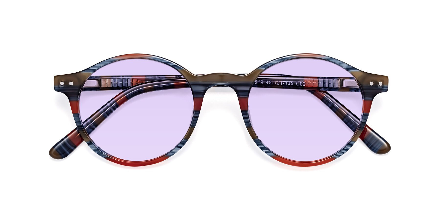 Folded Front of Jardi in Stripe Blue Red with Light Purple Tinted Lenses