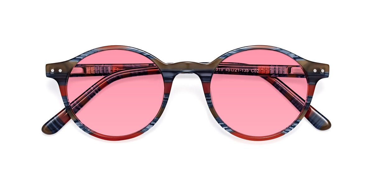 Stripe Blue Red Narrow Acetate Round Tinted Sunglasses with Pink ...