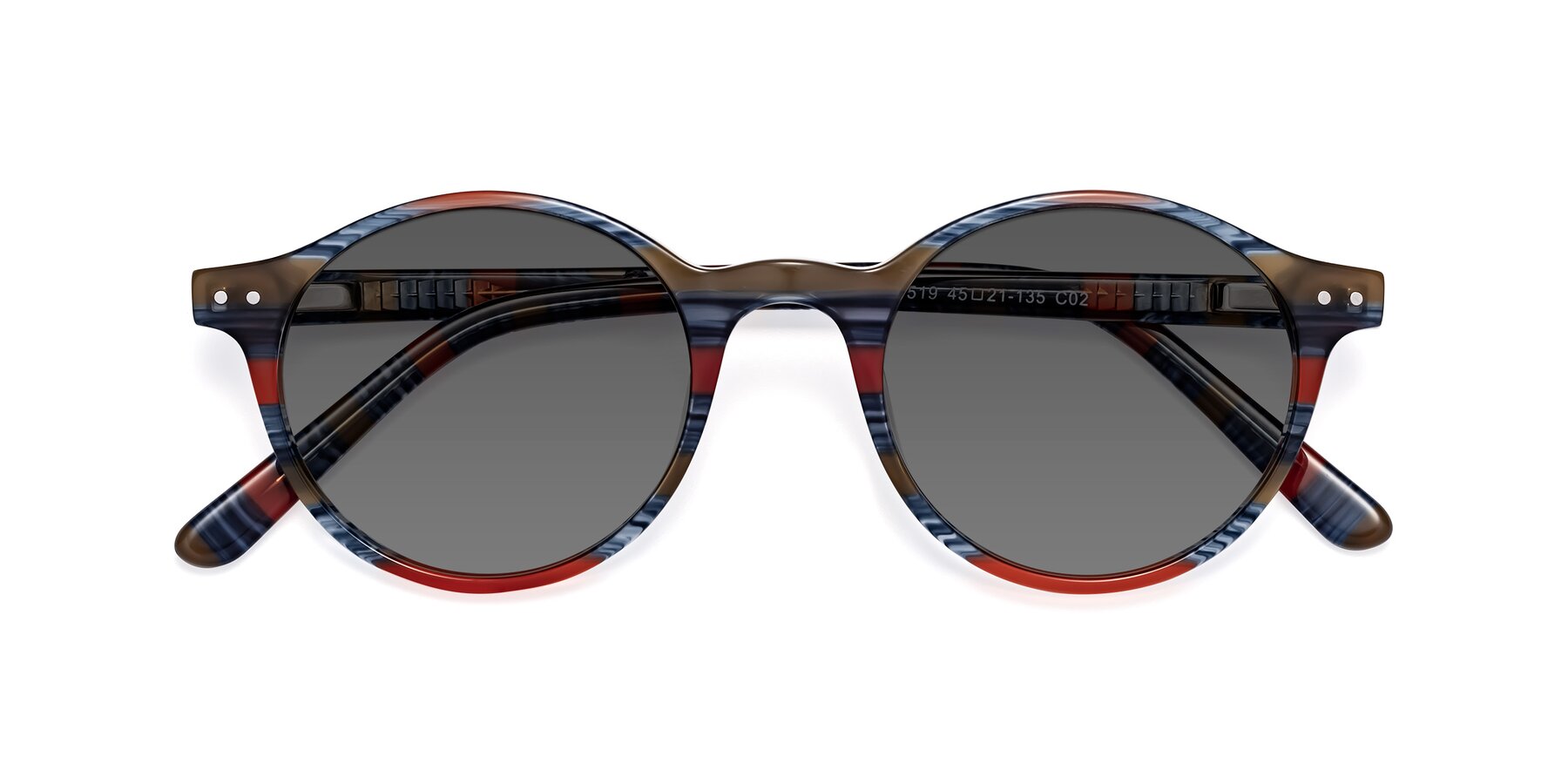 Folded Front of Jardi in Stripe Blue Red with Medium Gray Tinted Lenses