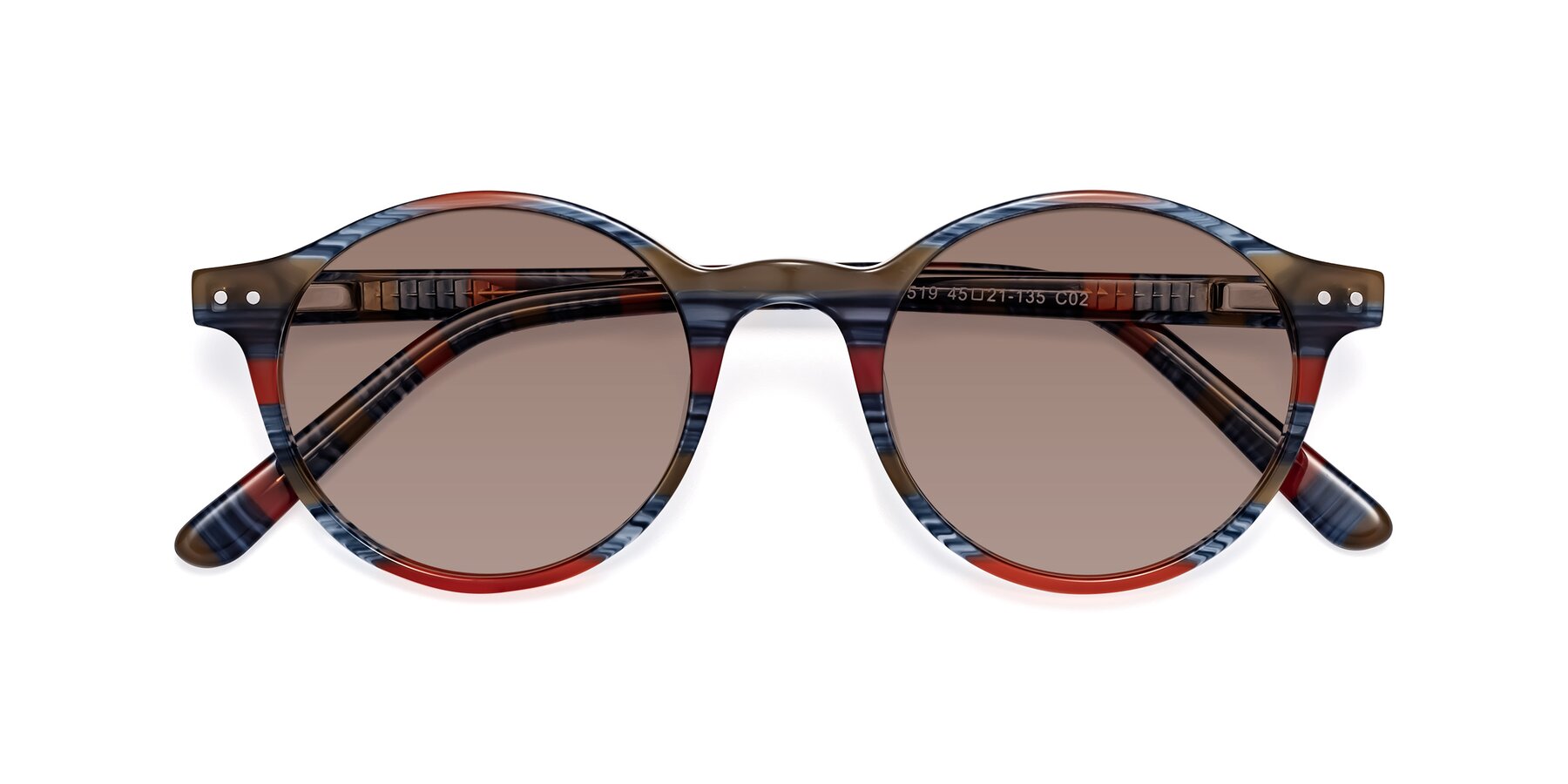 Folded Front of Jardi in Stripe Blue Red with Medium Brown Tinted Lenses