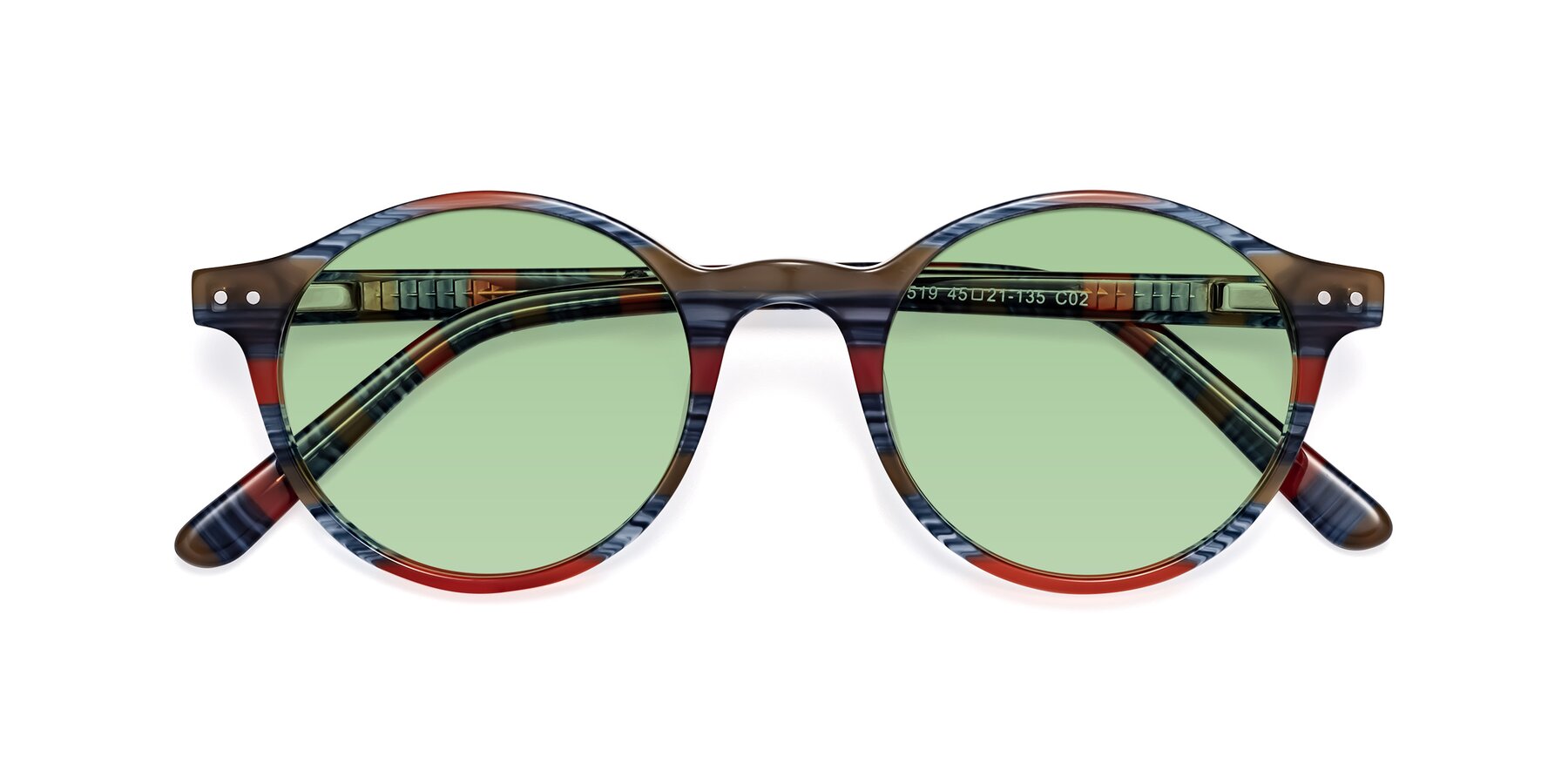 Folded Front of Jardi in Stripe Blue Red with Medium Green Tinted Lenses