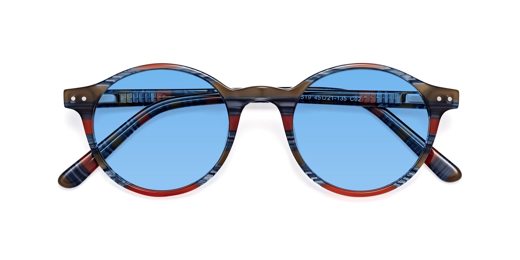 Folded Front of Jardi in Stripe Blue Red with Medium Blue Tinted Lenses