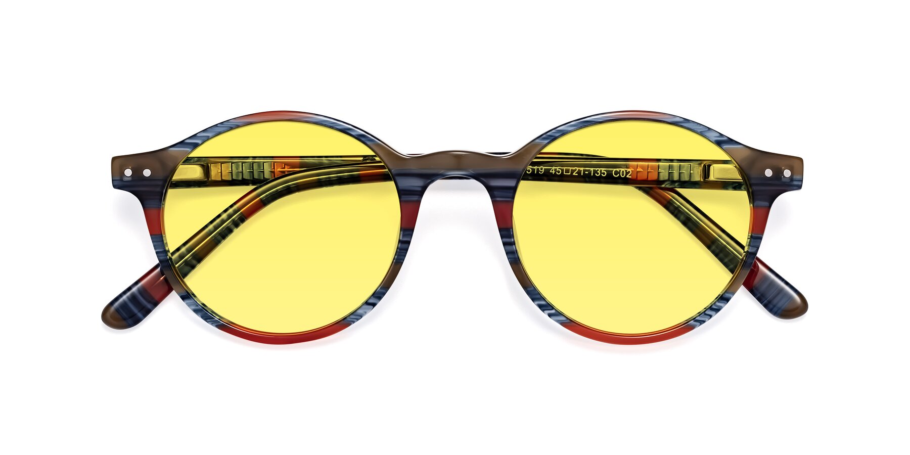 Folded Front of Jardi in Stripe Blue Red with Medium Yellow Tinted Lenses