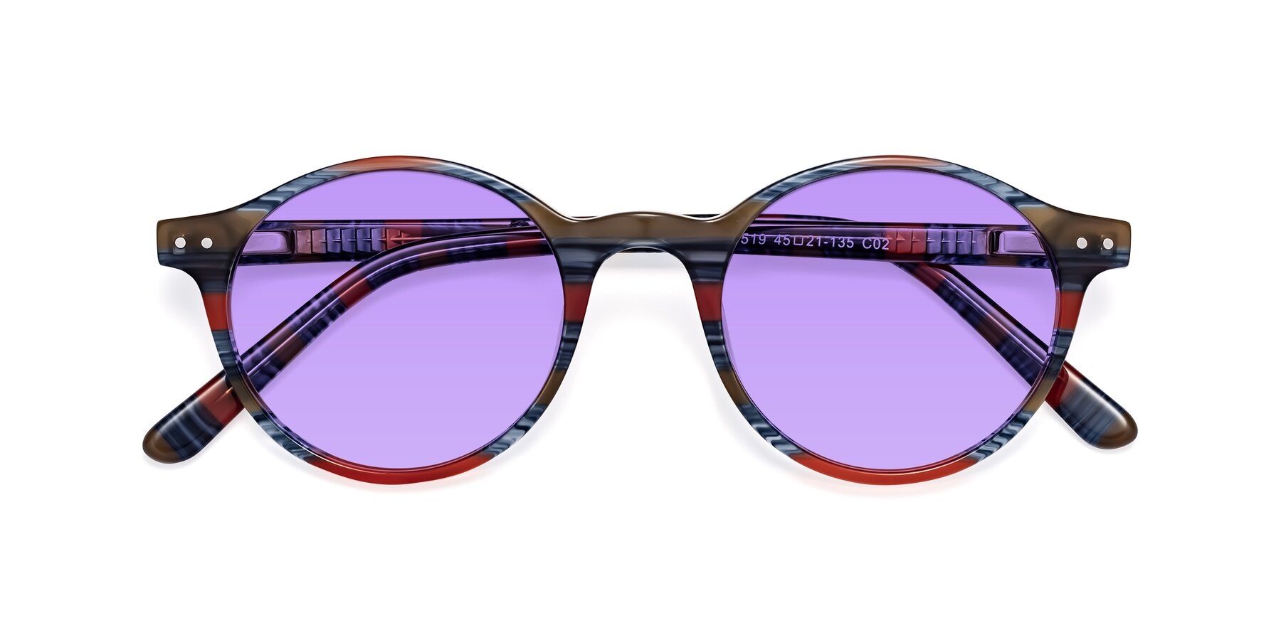 Folded Front of Jardi in Stripe Blue Red with Medium Purple Tinted Lenses