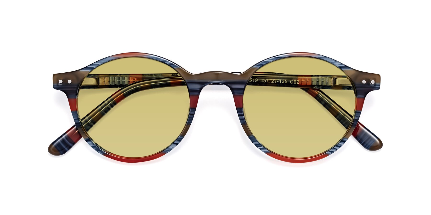 Folded Front of Jardi in Stripe Blue Red with Medium Champagne Tinted Lenses