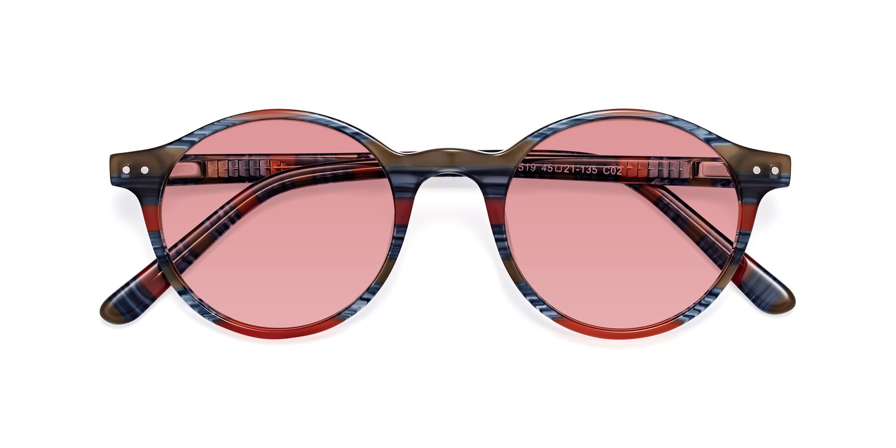 Folded Front of Jardi in Stripe Blue Red with Medium Garnet Tinted Lenses