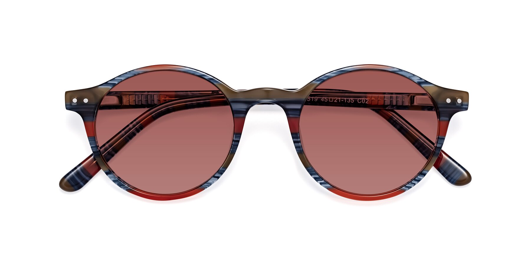 Folded Front of Jardi in Stripe Blue Red with Garnet Tinted Lenses