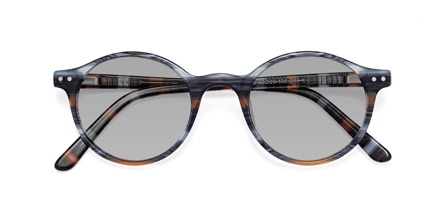 Folded Front of Jardi in Stripe Blue Brown with Light Gray Tinted Lenses