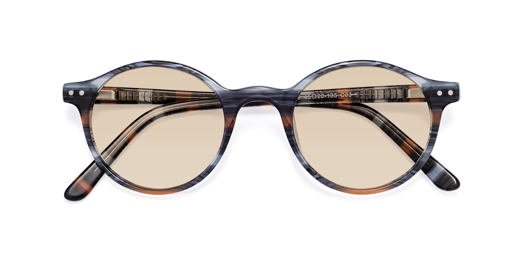 Folded Front of Jardi in Stripe Blue Brown with Light Brown Tinted Lenses