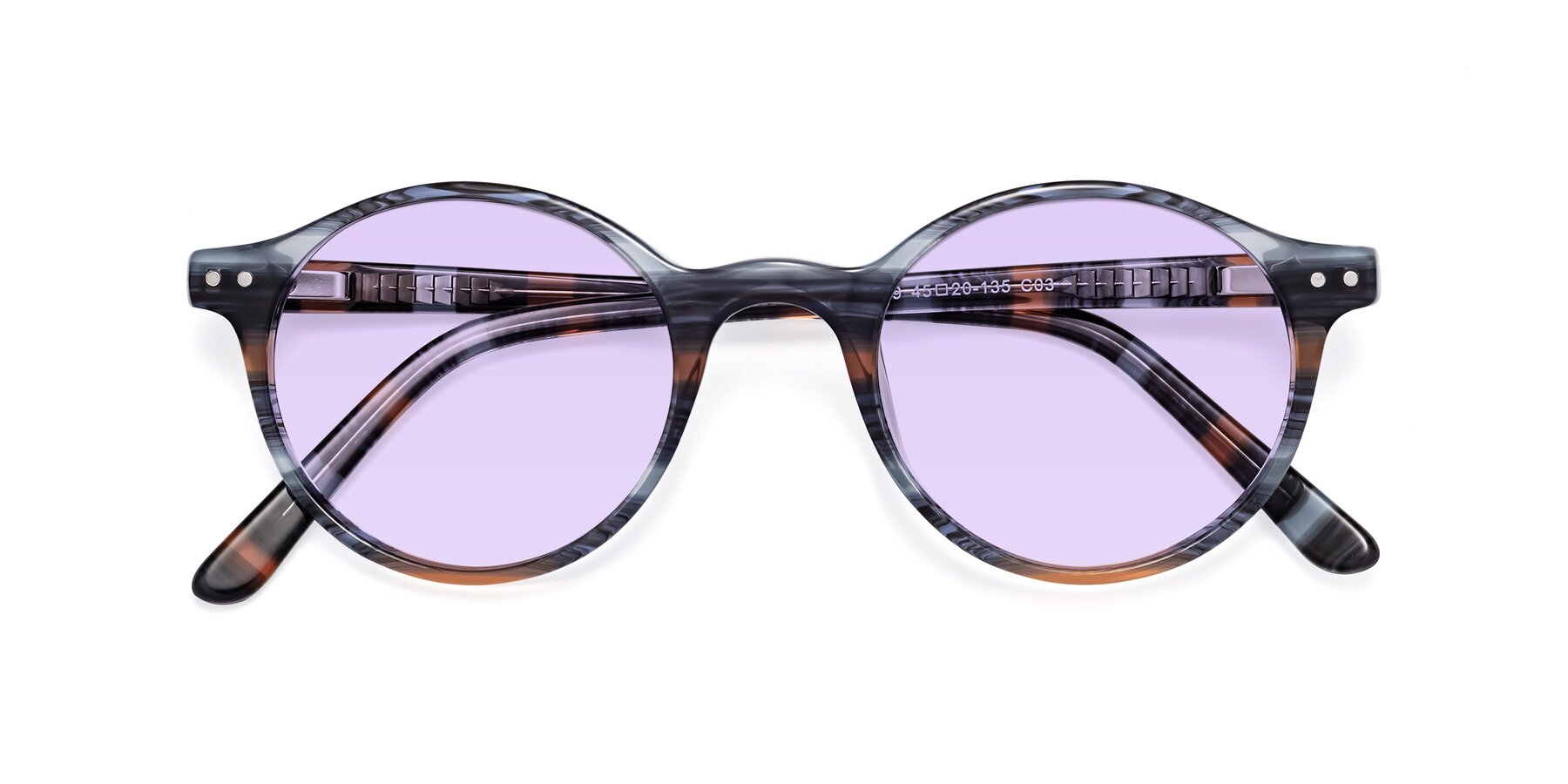 Folded Front of Jardi in Stripe Blue Brown with Light Purple Tinted Lenses