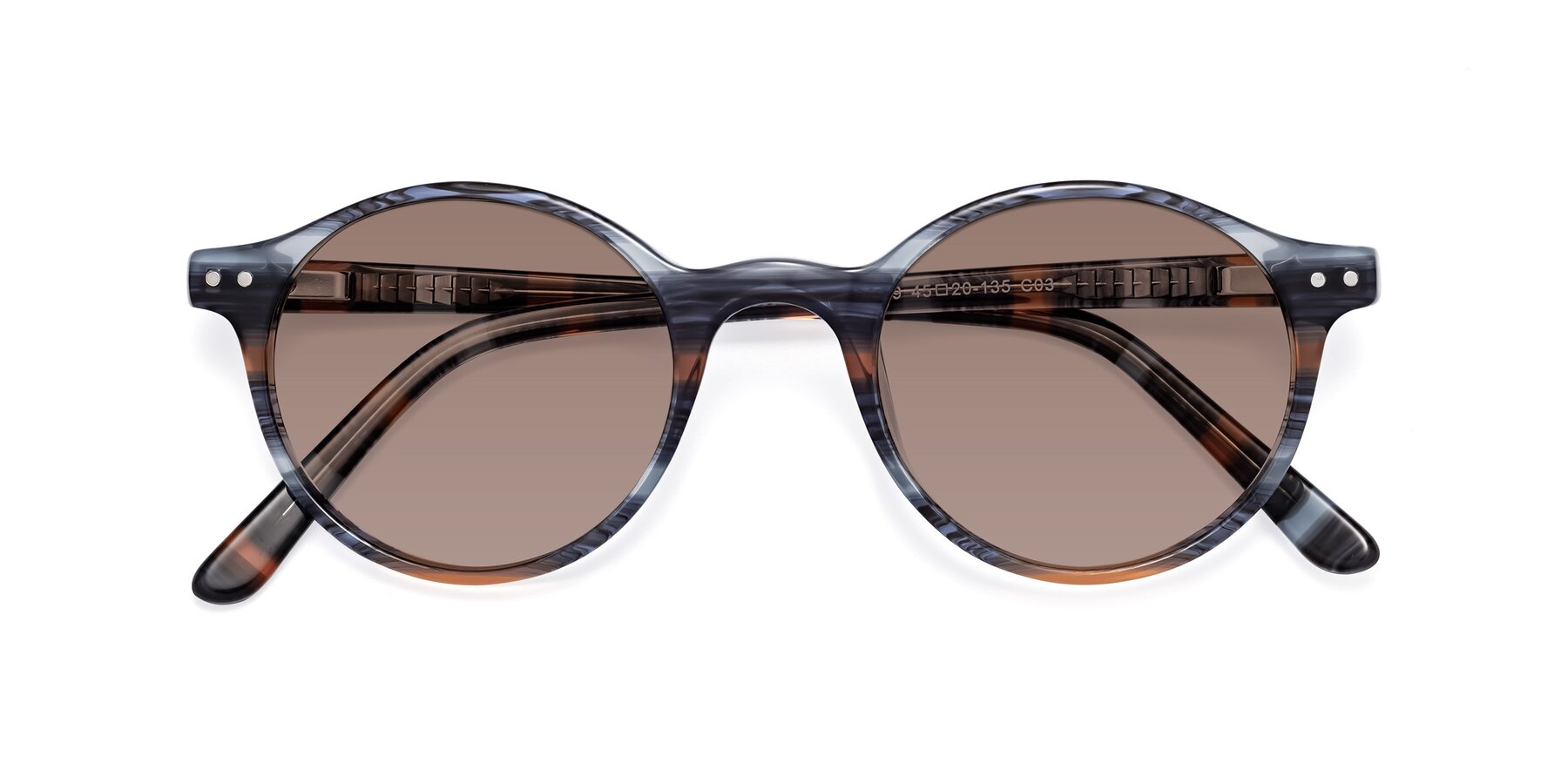 Folded Front of Jardi in Stripe Blue Brown with Medium Brown Tinted Lenses