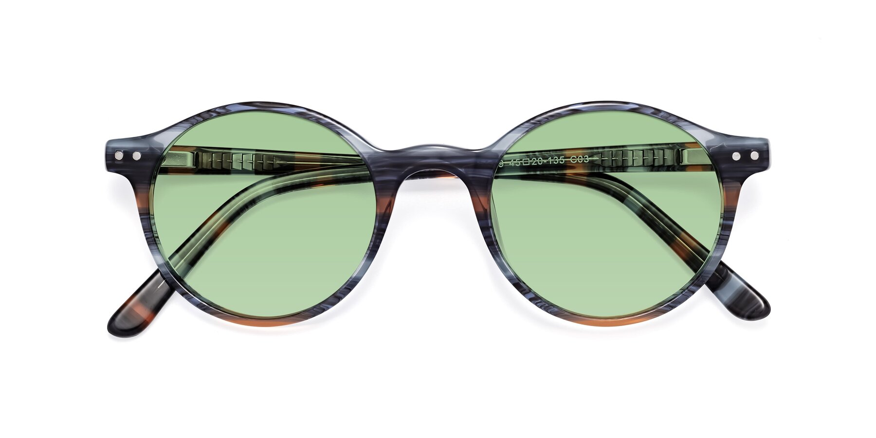 Folded Front of Jardi in Stripe Blue Brown with Medium Green Tinted Lenses