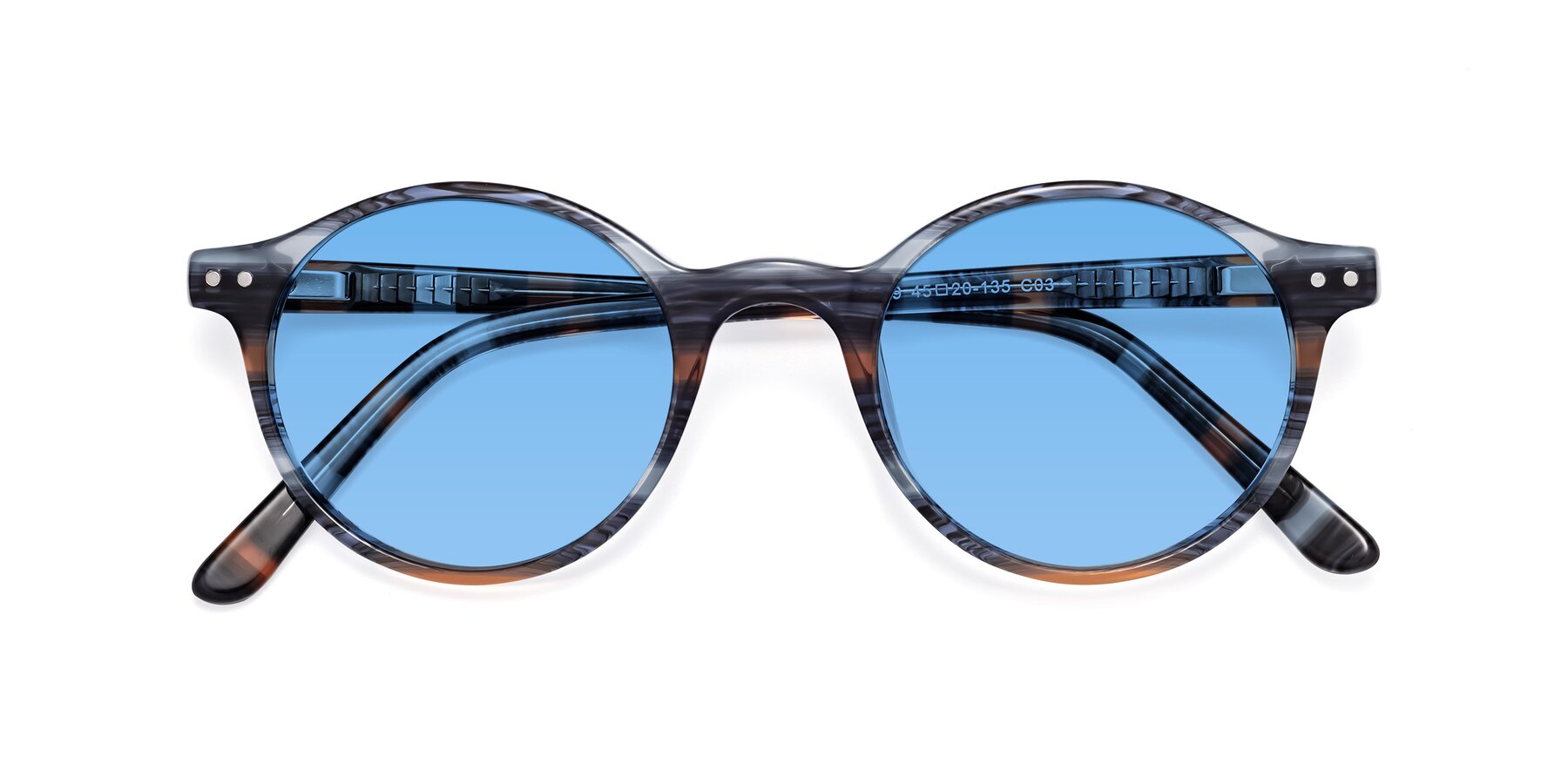 Folded Front of Jardi in Stripe Blue Brown with Medium Blue Tinted Lenses
