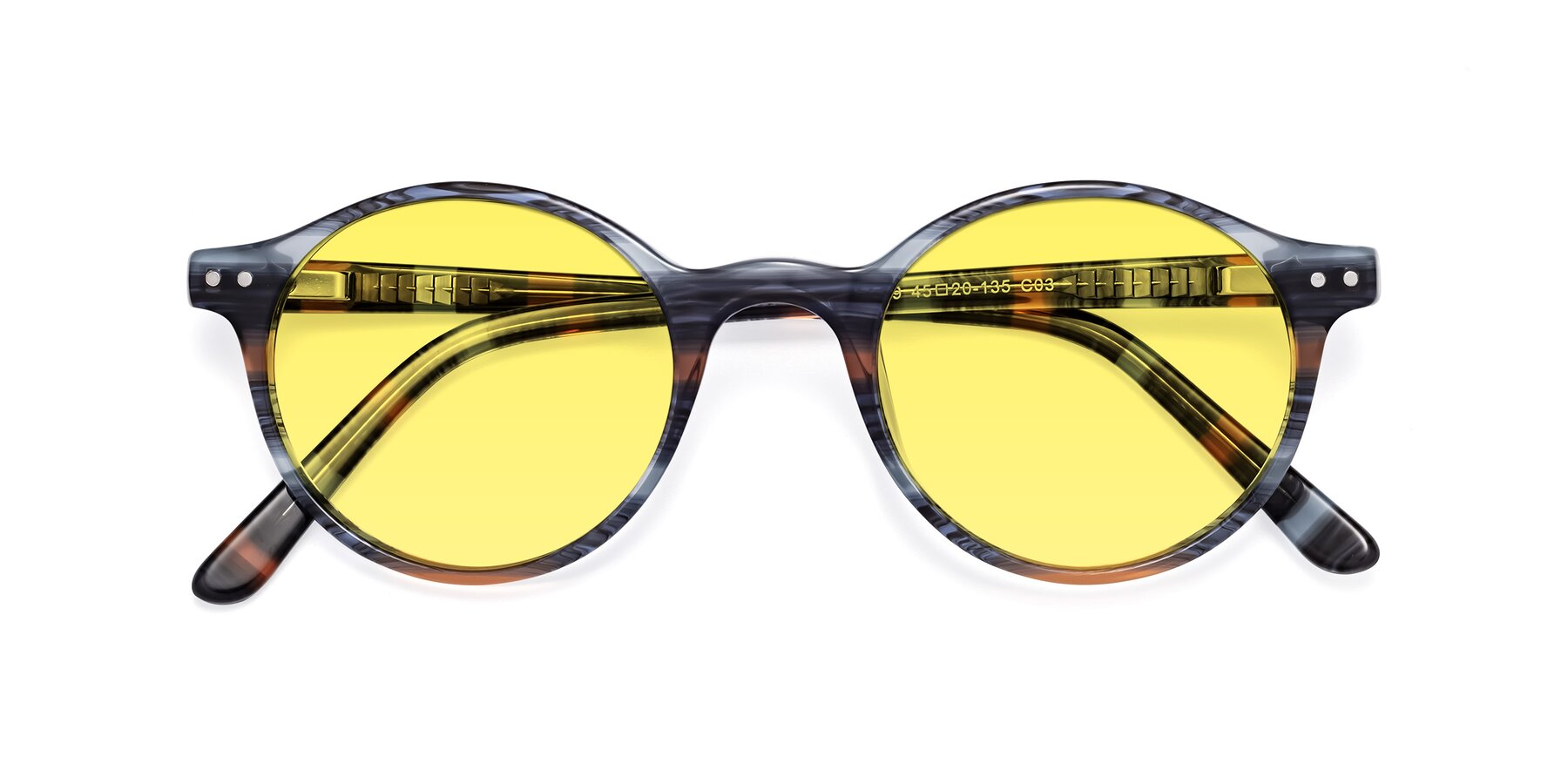 Folded Front of Jardi in Stripe Blue Brown with Medium Yellow Tinted Lenses