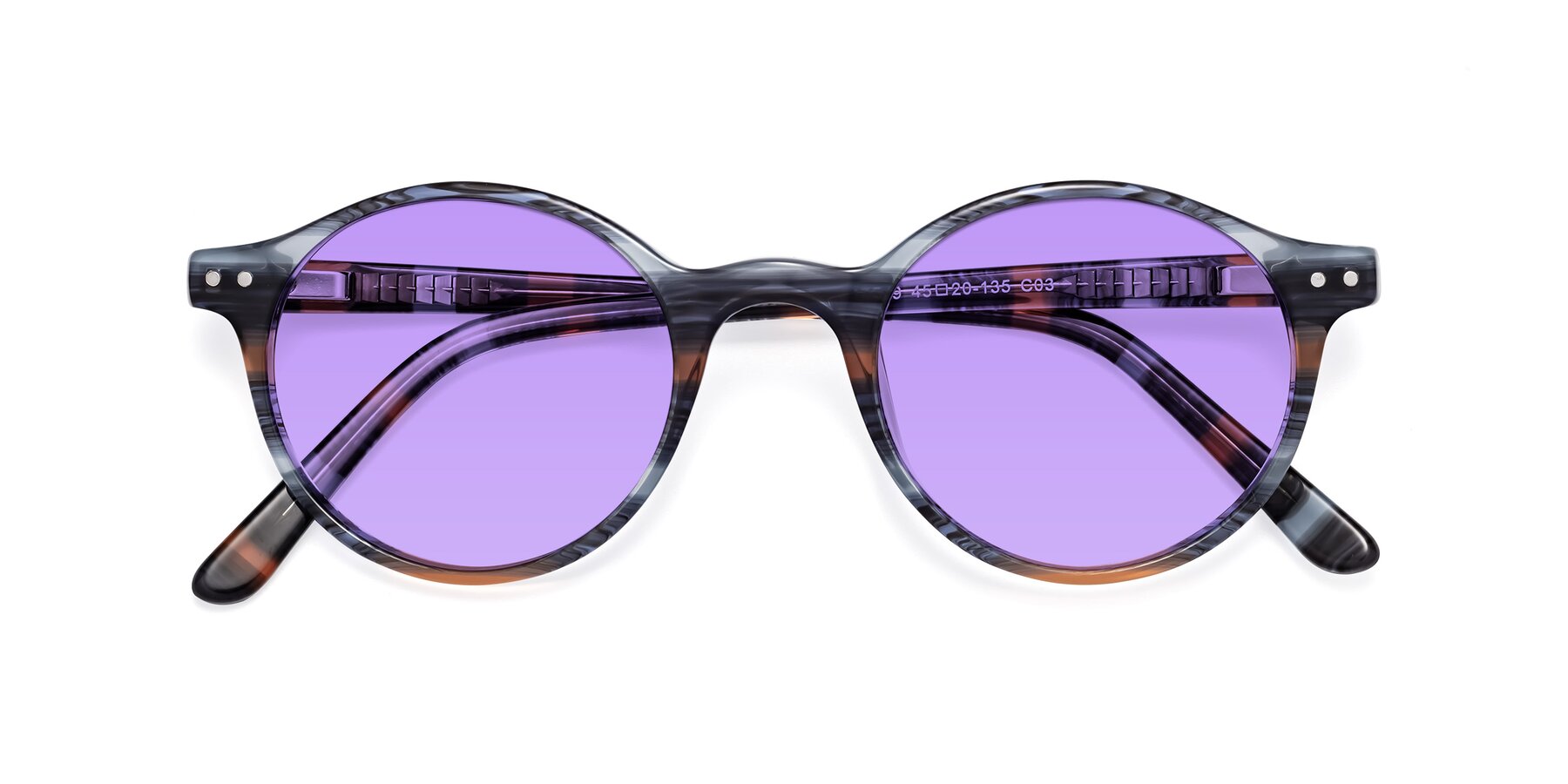 Folded Front of Jardi in Stripe Blue Brown with Medium Purple Tinted Lenses