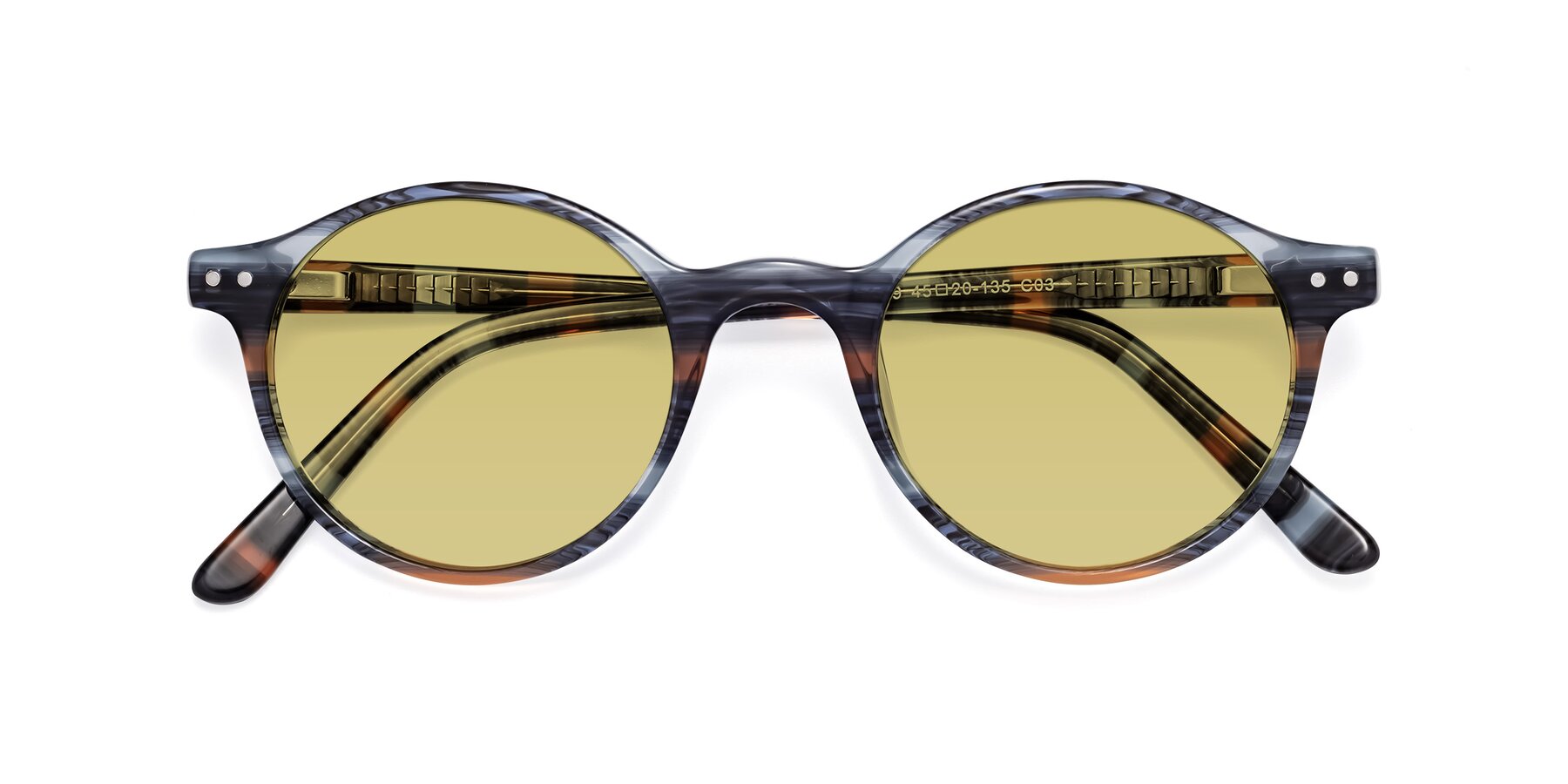 Folded Front of Jardi in Stripe Blue Brown with Medium Champagne Tinted Lenses