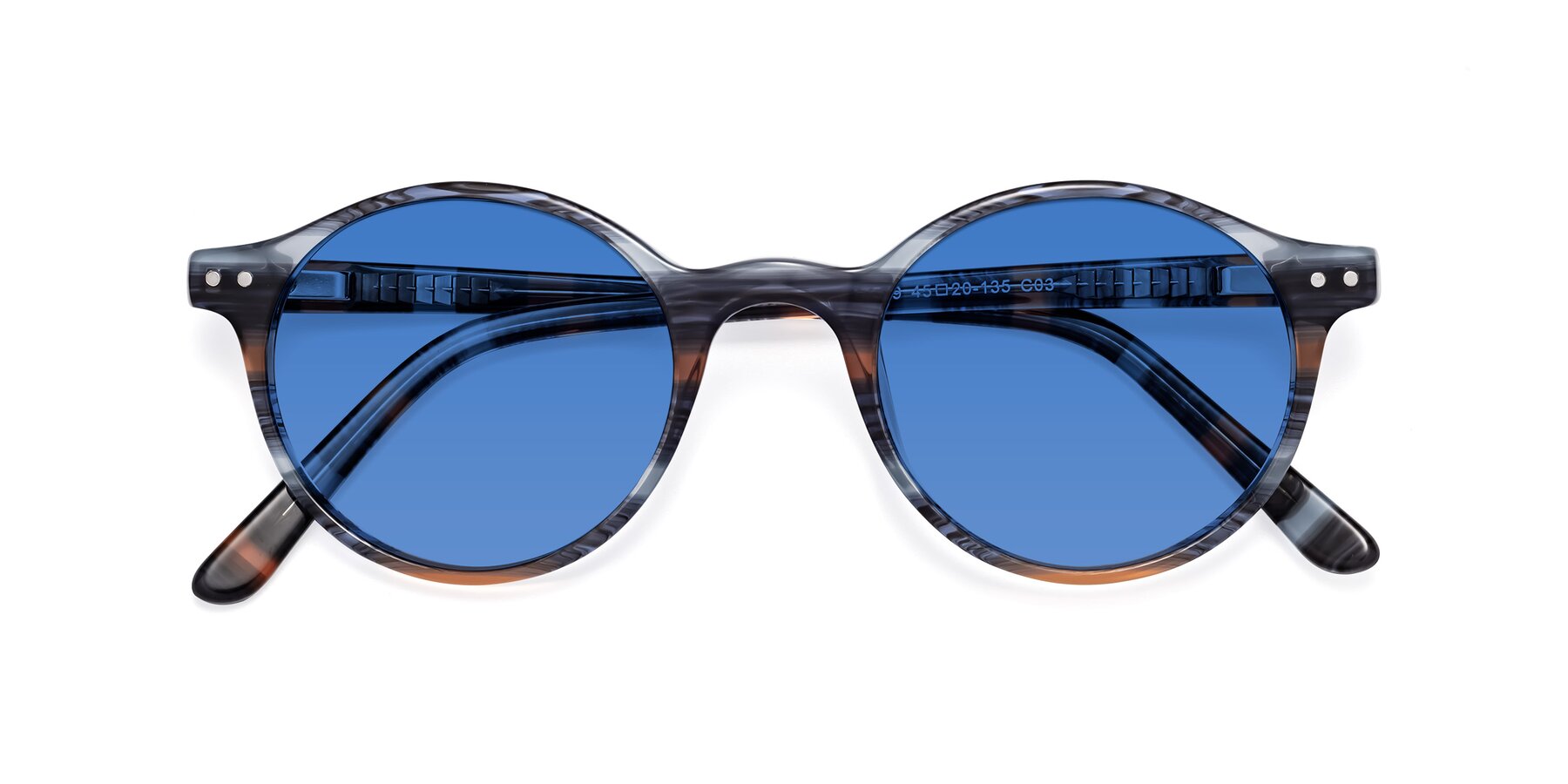 Folded Front of Jardi in Stripe Blue Brown with Blue Tinted Lenses