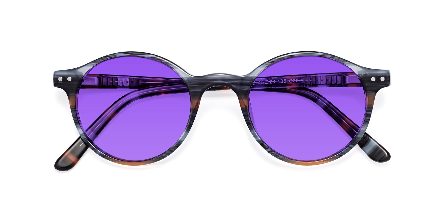 Folded Front of Jardi in Stripe Blue Brown with Purple Tinted Lenses
