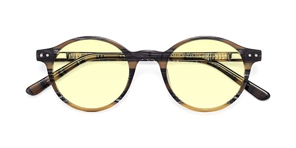 Stripe Yellow Grey Narrow Acetate Round Tinted Sunglasses With Light Yellow Sunwear Lenses 17519