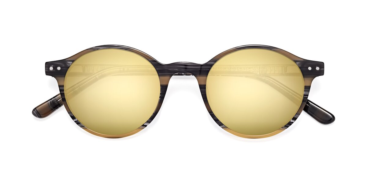 Stripe Yellow Grey Narrow Acetate Round Mirrored Sunglasses with Gold ...