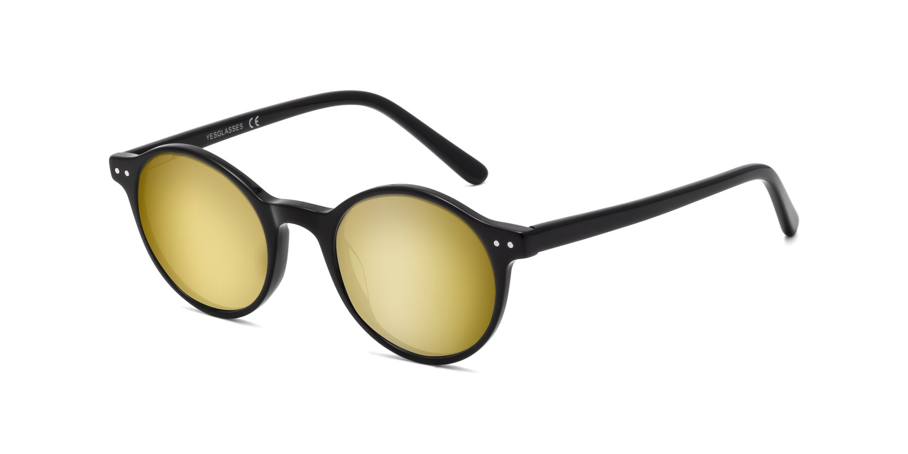 Angle of Jardi in Black with Gold Mirrored Lenses