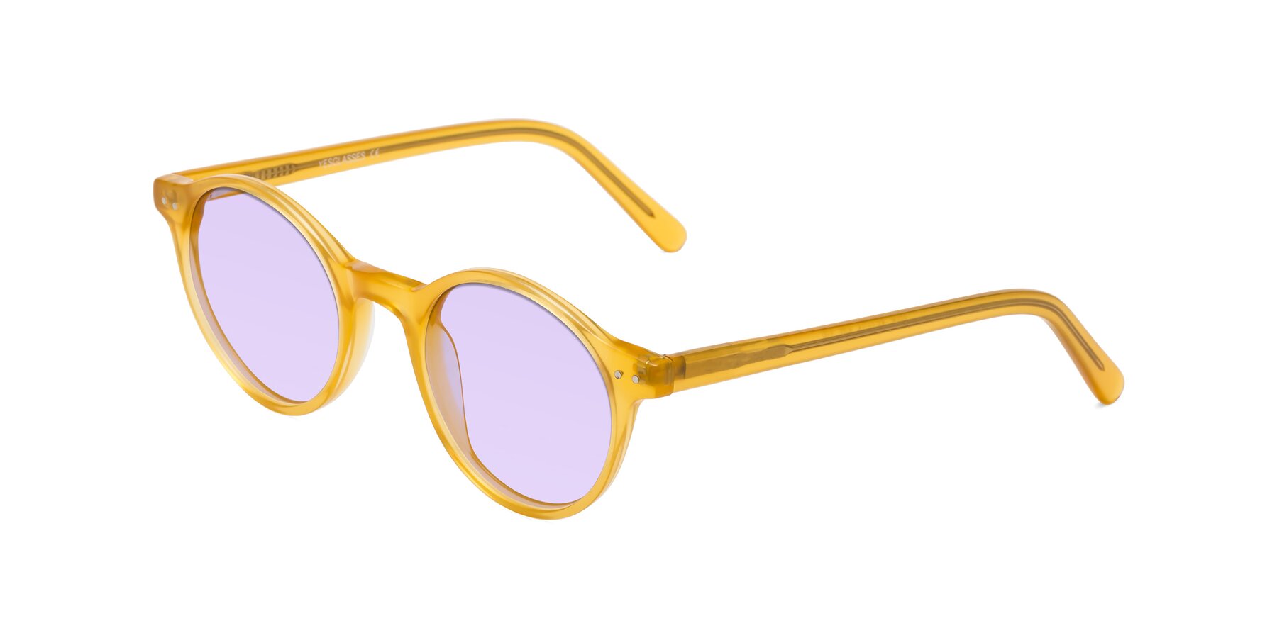Angle of Jardi in Honey with Light Purple Tinted Lenses
