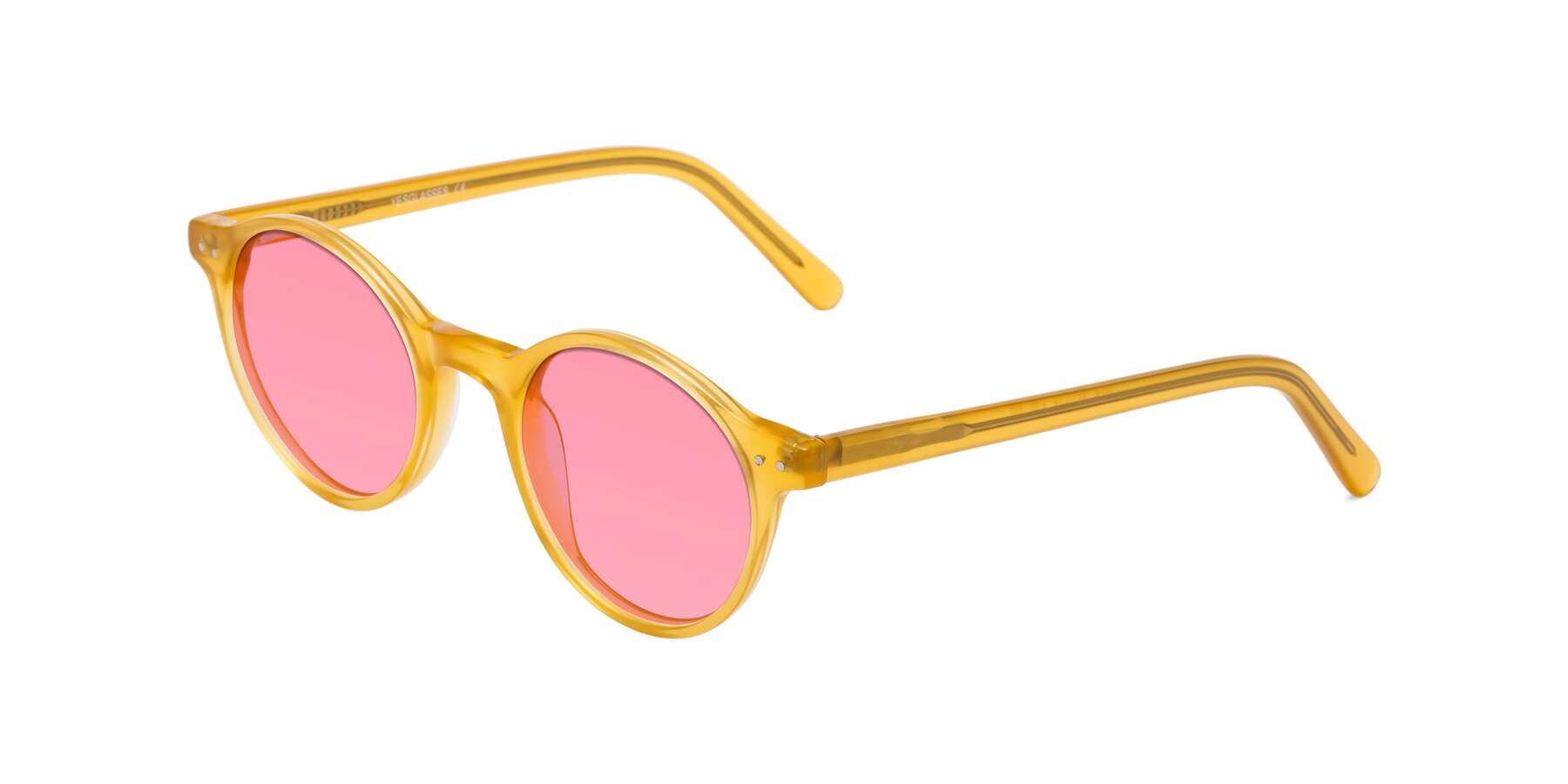 Angle of Jardi in Honey with Pink Tinted Lenses