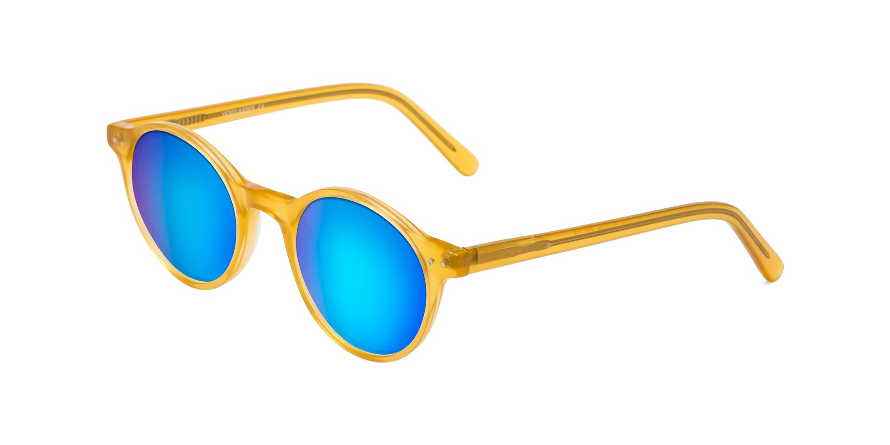 Angle of Jardi in Honey with Blue Mirrored Lenses