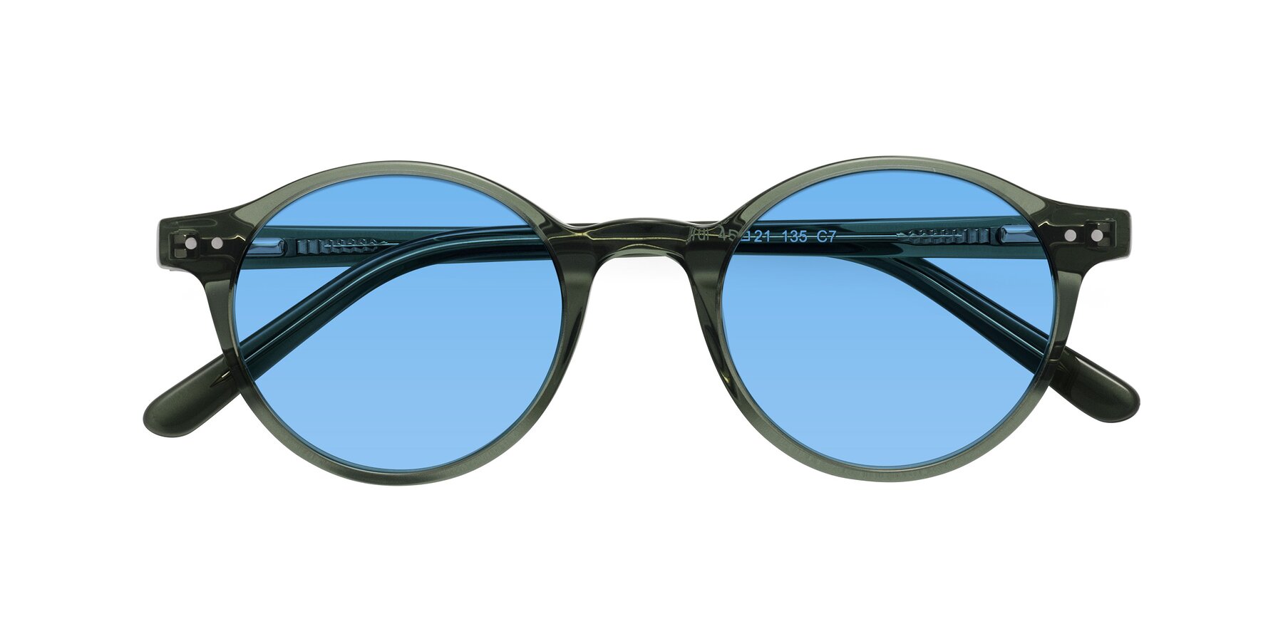 Folded Front of Jardi in Transparent Green with Medium Blue Tinted Lenses