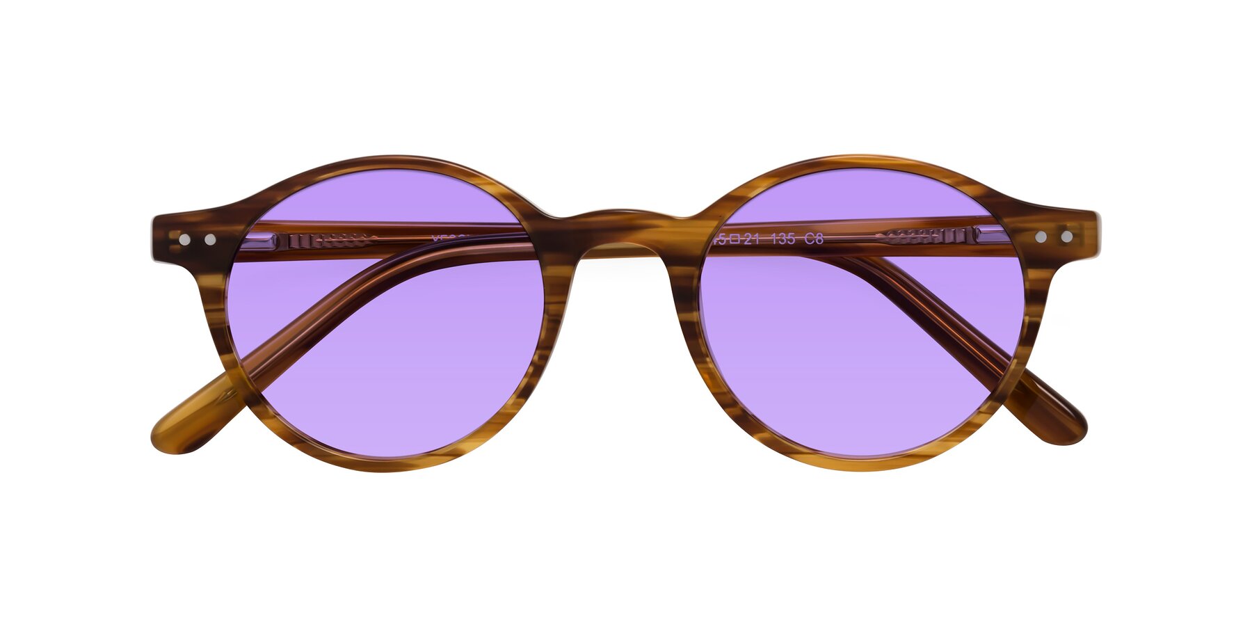 Folded Front of Jardi in Amber Striped with Medium Purple Tinted Lenses