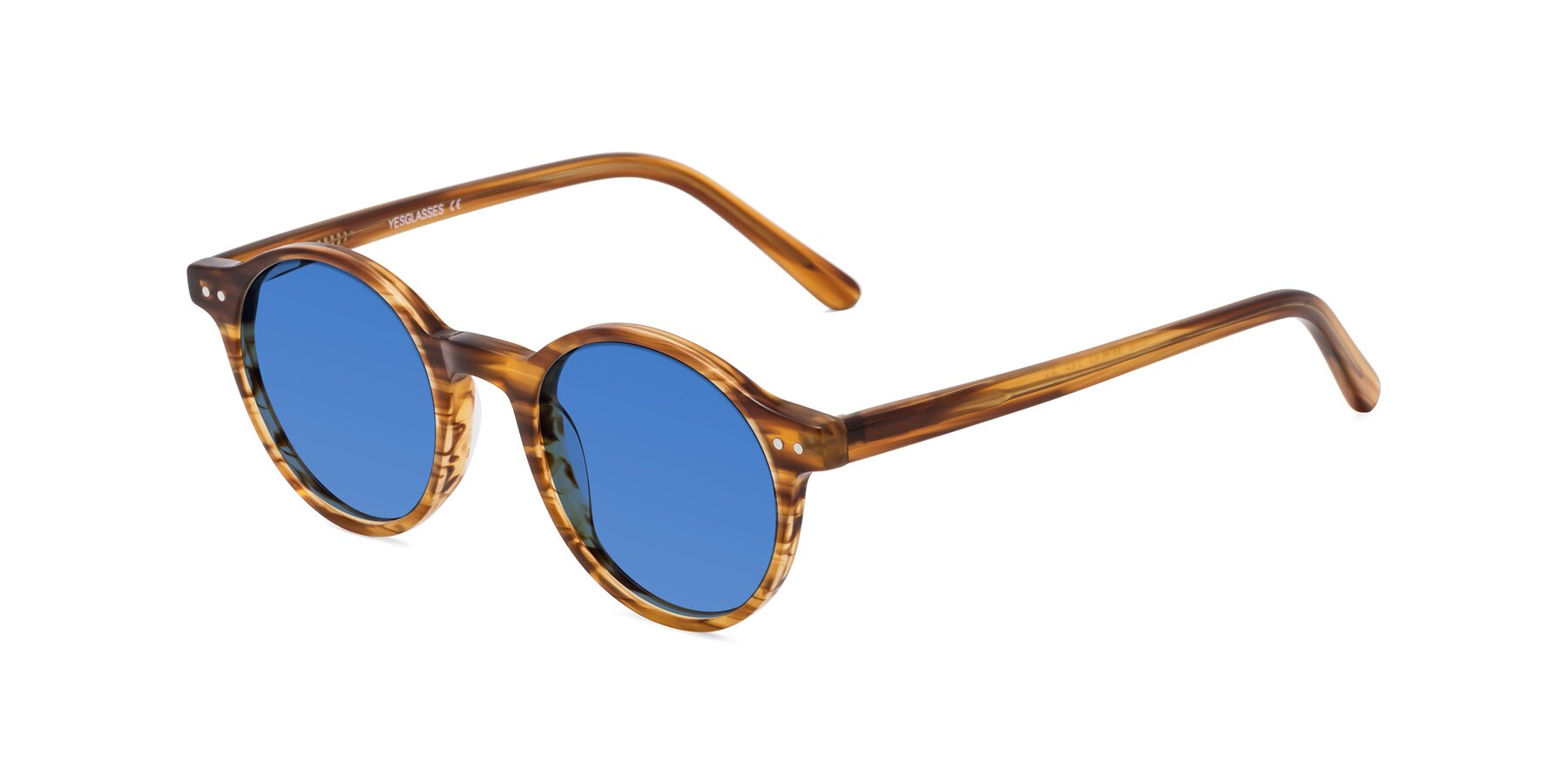 Angle of Jardi in Amber Striped with Blue Tinted Lenses