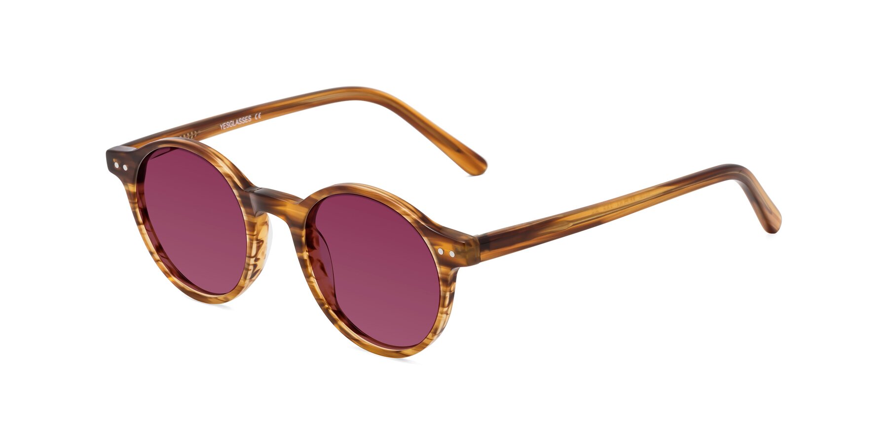 Angle of Jardi in Amber Striped with Wine Tinted Lenses