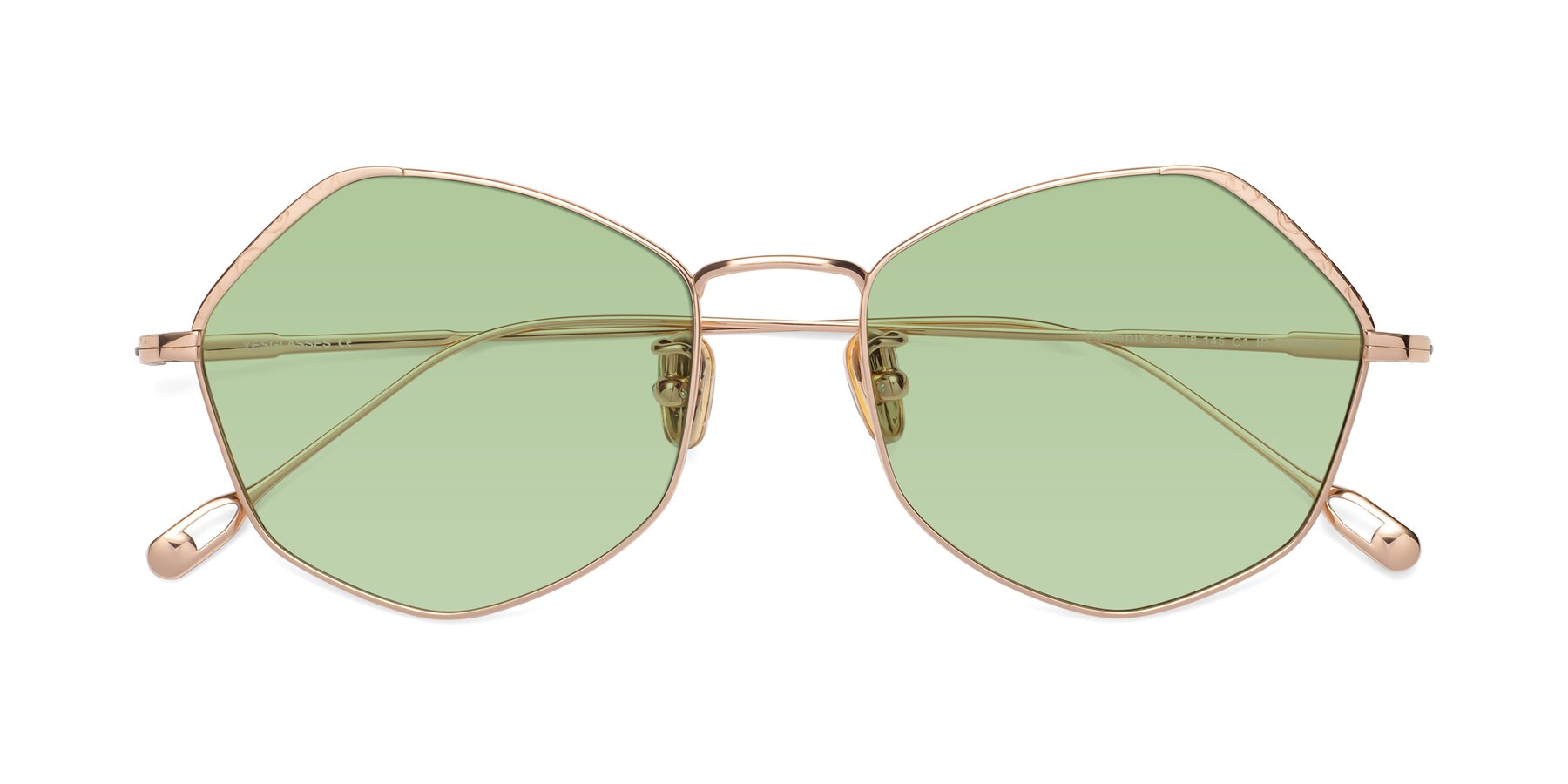 Folded Front of Phoenix in Rose Gold with Medium Green Tinted Lenses