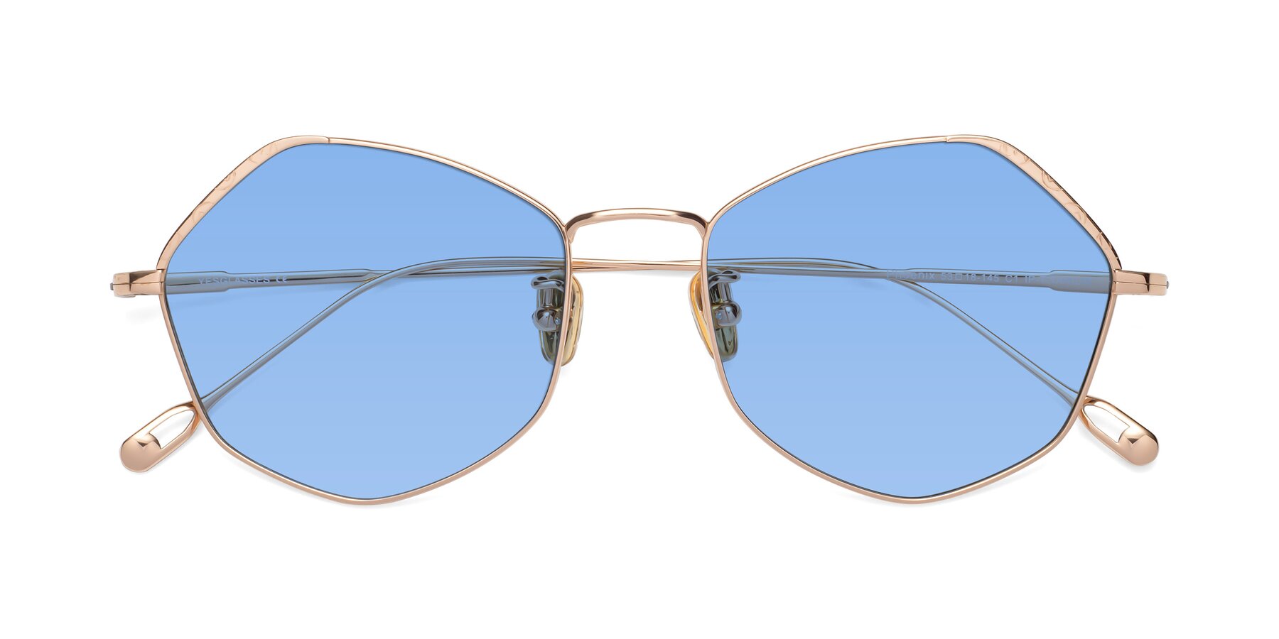 Folded Front of Phoenix in Rose Gold with Medium Blue Tinted Lenses
