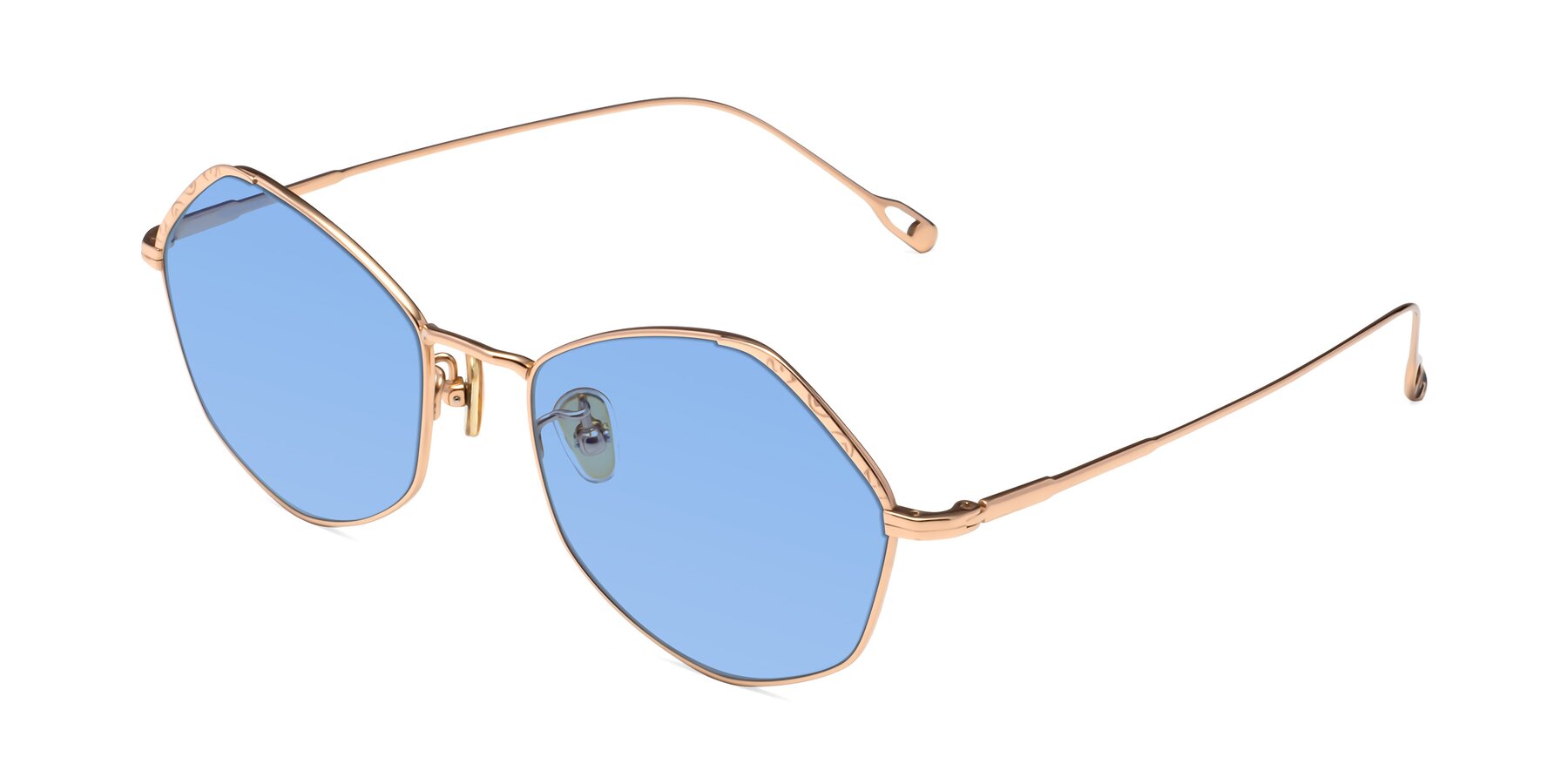 Angle of Phoenix in Rose Gold with Medium Blue Tinted Lenses