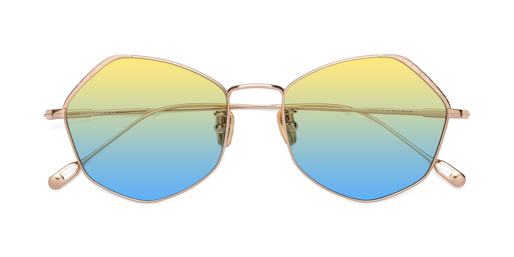 Folded Front of Phoenix in Rose Gold with Yellow / Blue Gradient Lenses