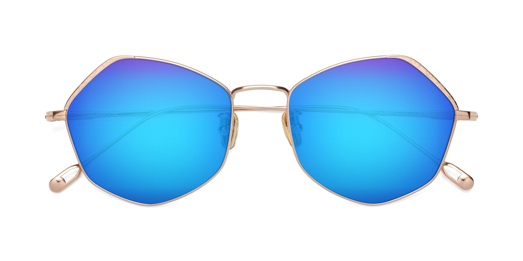 Folded Front of Phoenix in Rose Gold with Blue Mirrored Lenses