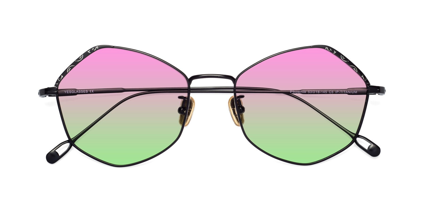 Folded Front of Phoenix in Black with Pink / Green Gradient Lenses