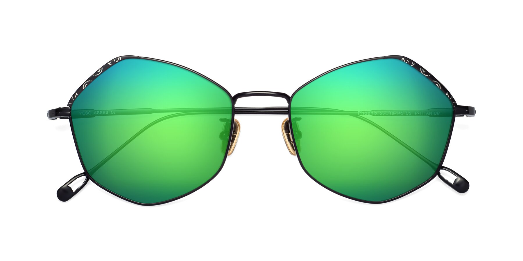 Folded Front of Phoenix in Black with Green Mirrored Lenses