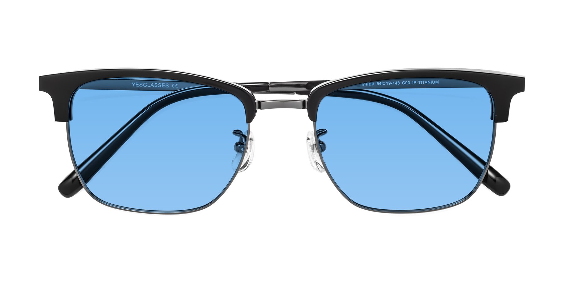 Folded Front of Milpa in Black-Gunmetal with Medium Blue Tinted Lenses