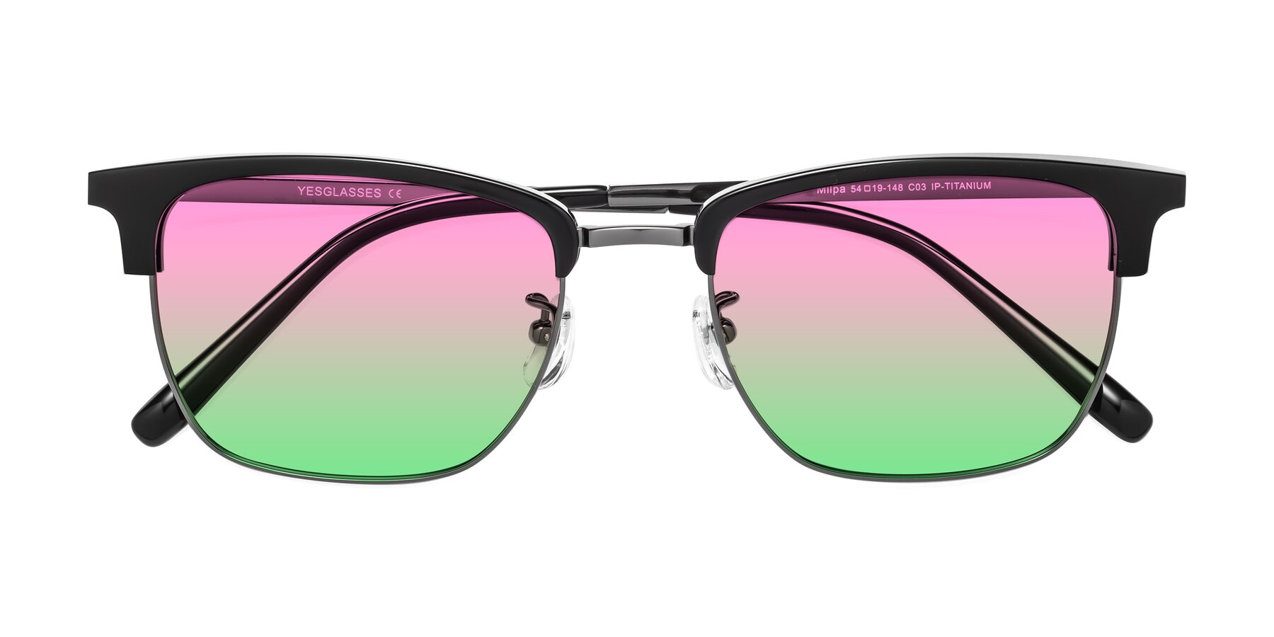 Folded Front of Milpa in Black-Gunmetal with Pink / Green Gradient Lenses