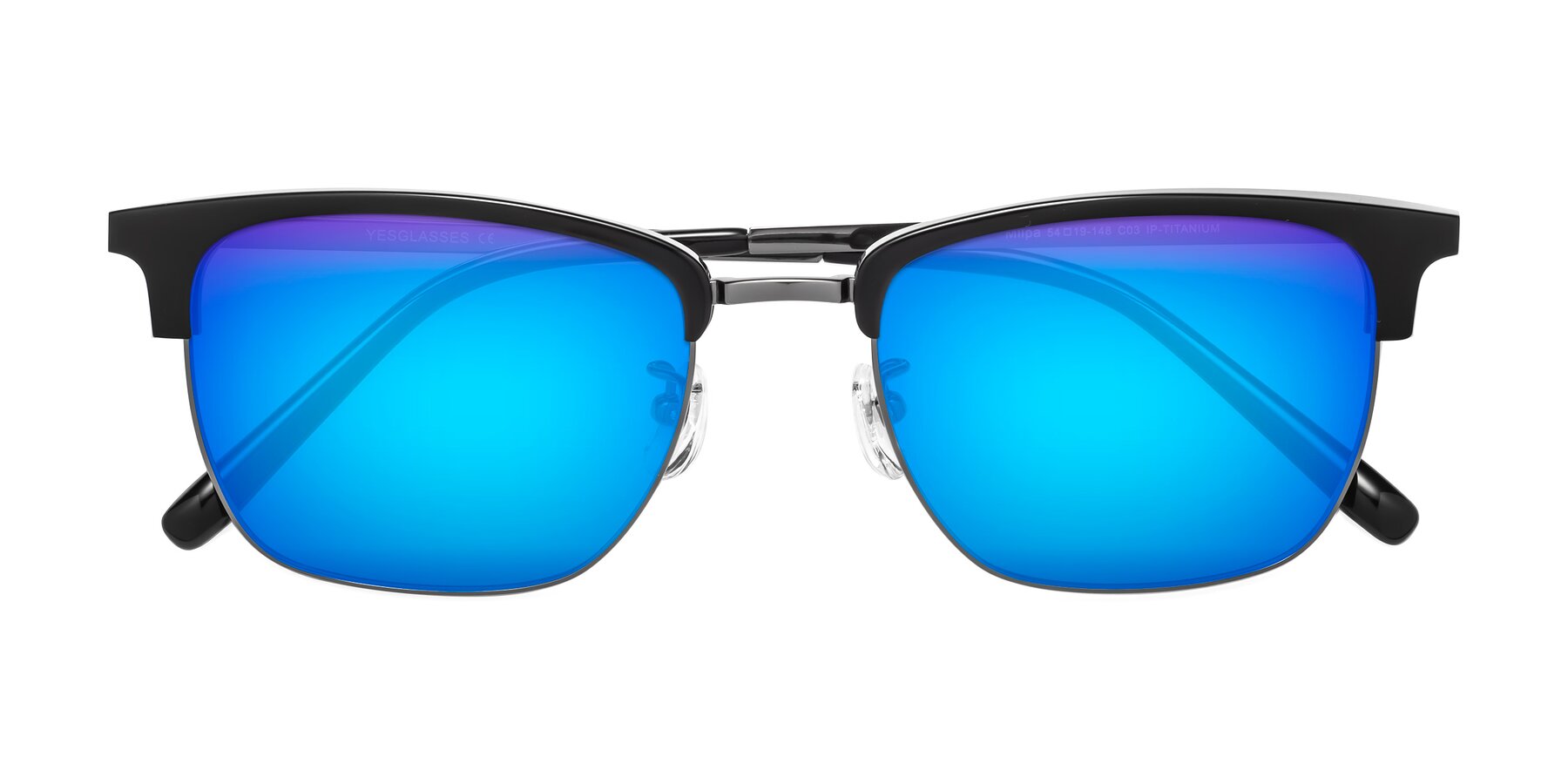 Folded Front of Milpa in Black-Gunmetal with Blue Mirrored Lenses