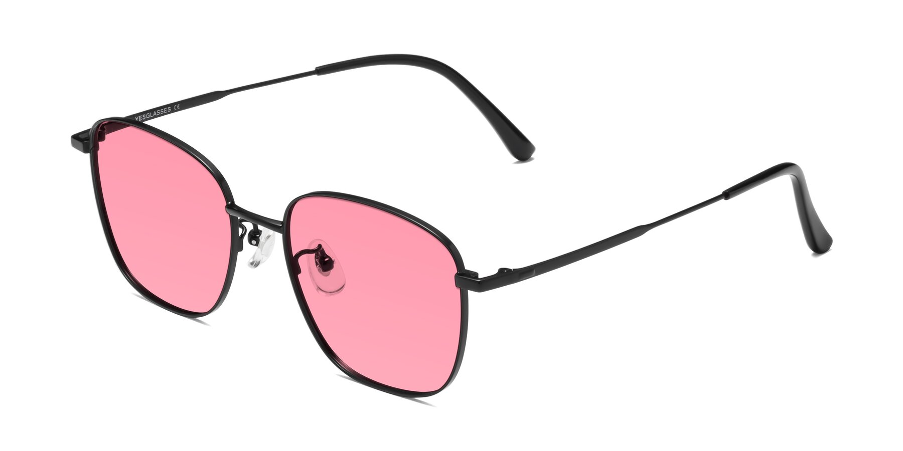 Angle of Tim in Black with Pink Tinted Lenses