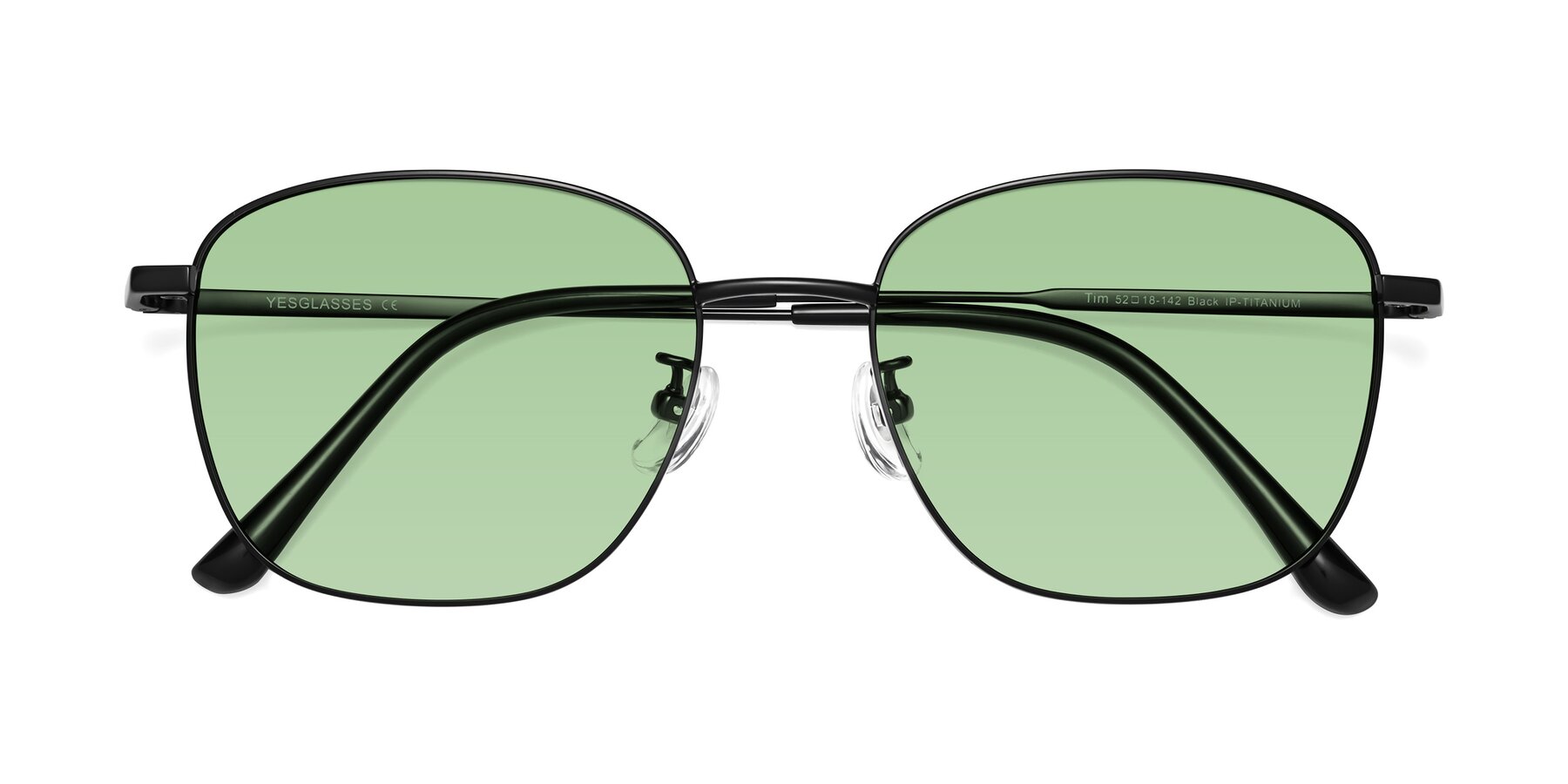 Folded Front of Tim in Black with Medium Green Tinted Lenses