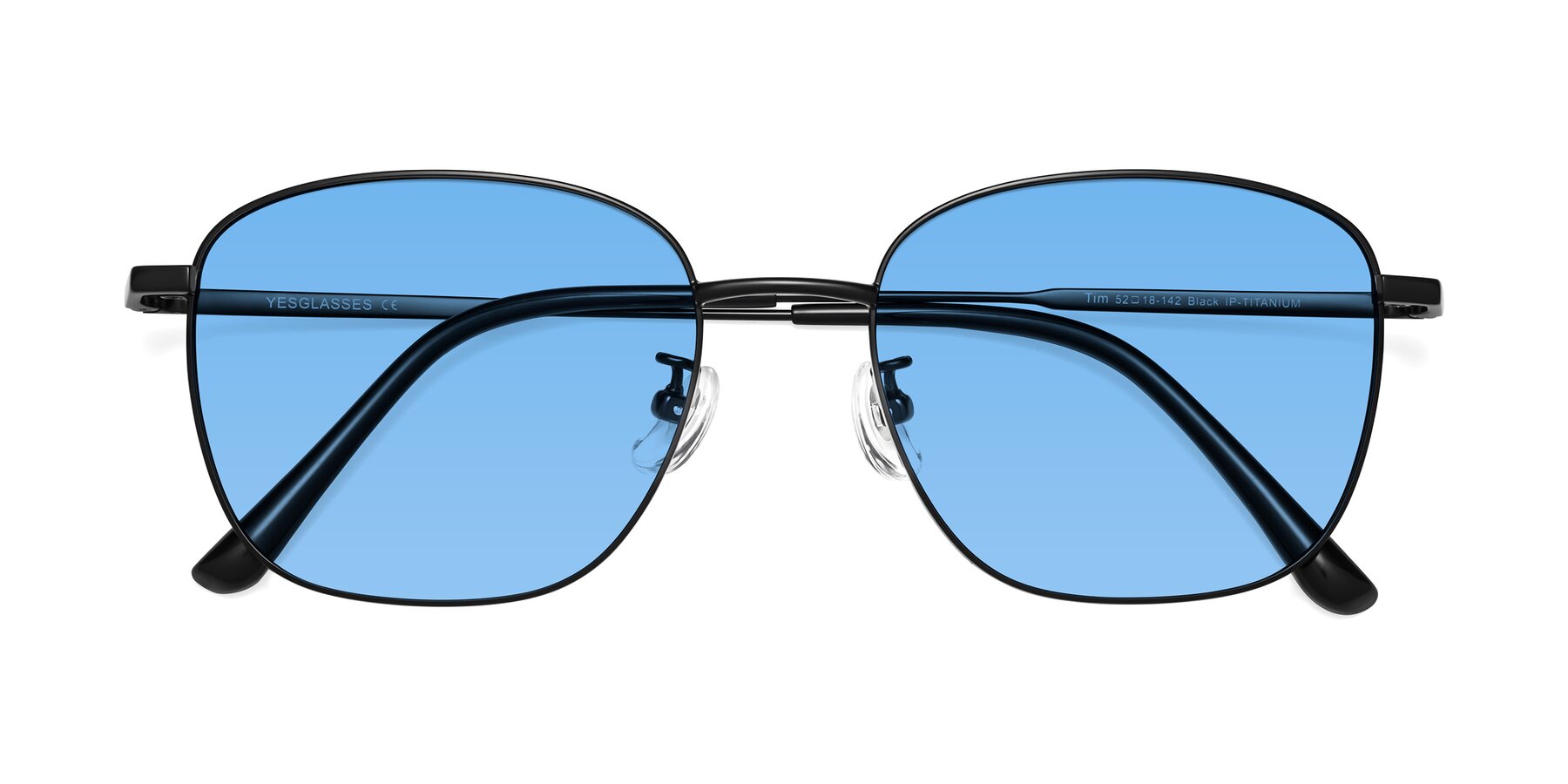 Folded Front of Tim in Black with Medium Blue Tinted Lenses