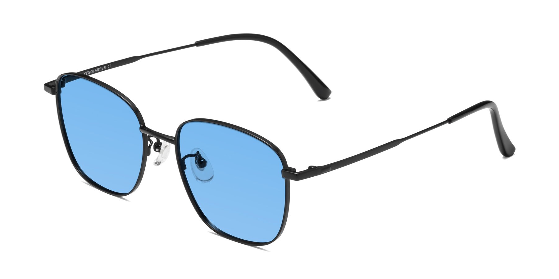 Angle of Tim in Black with Medium Blue Tinted Lenses