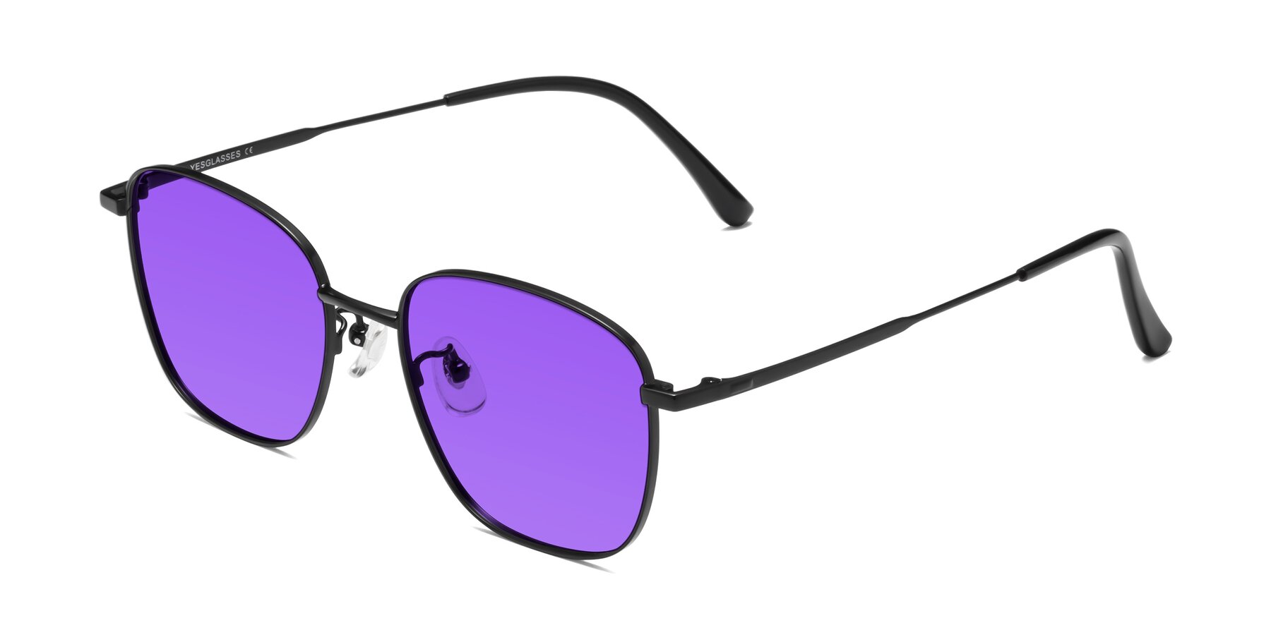 Angle of Tim in Black with Purple Tinted Lenses