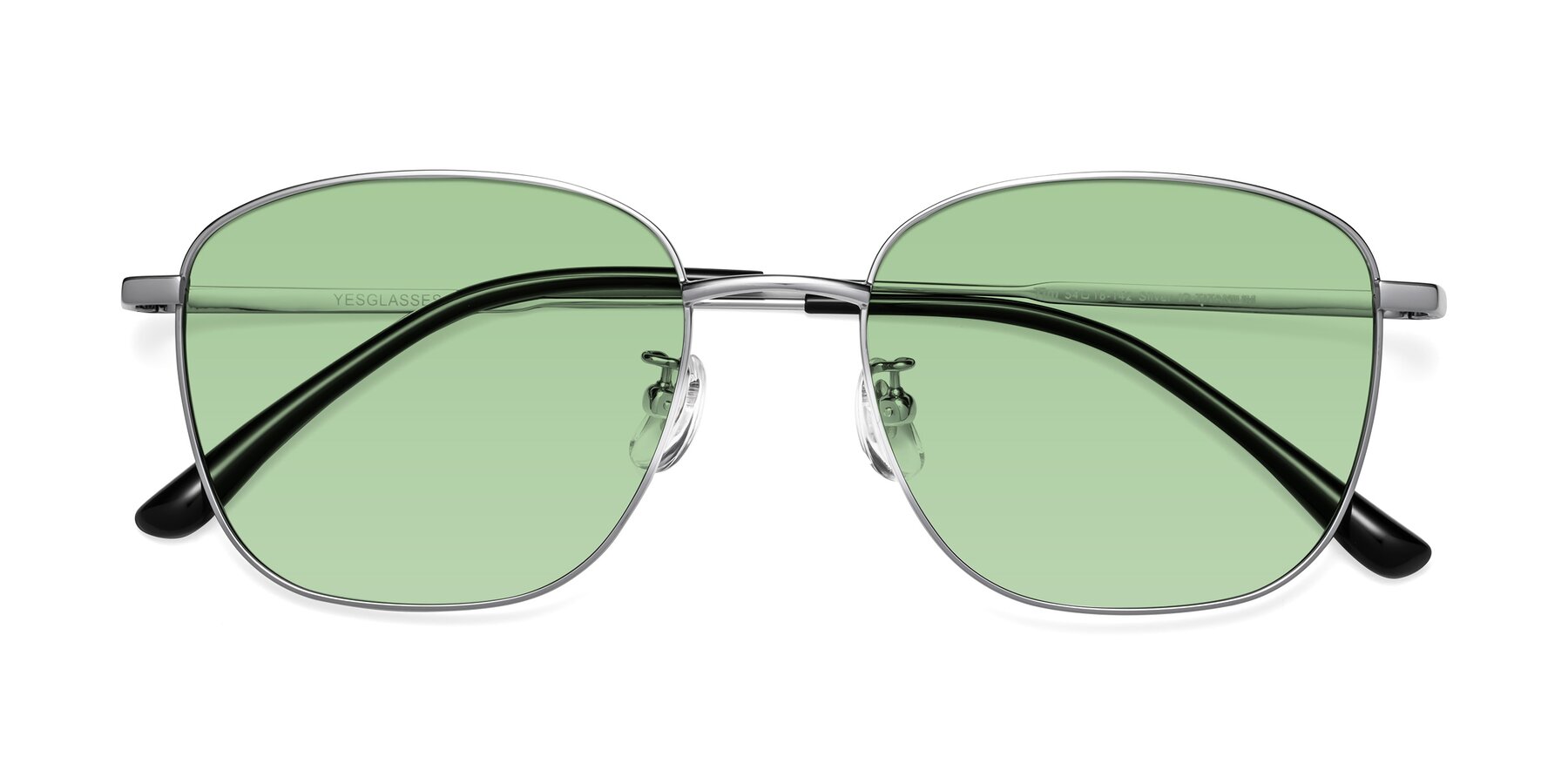 Folded Front of Tim in Silver with Medium Green Tinted Lenses